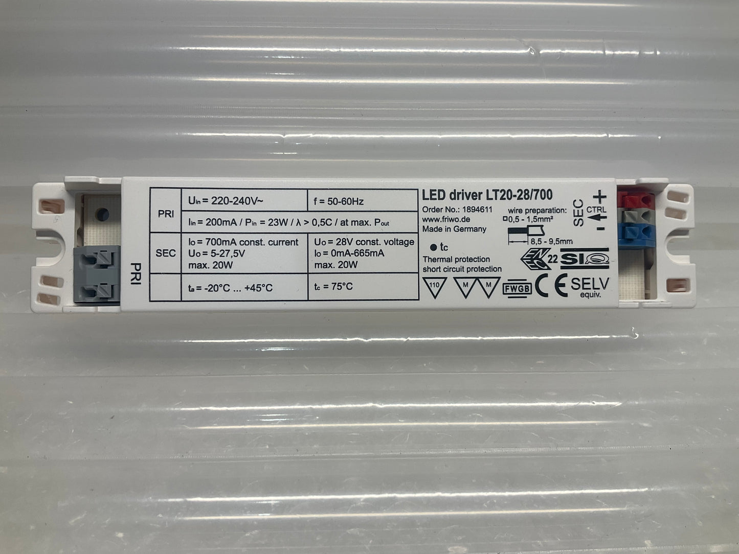 LED DRIVER LT20-28/700 FRIWO 1894611 700mA 5-27.5V 20W 1894616